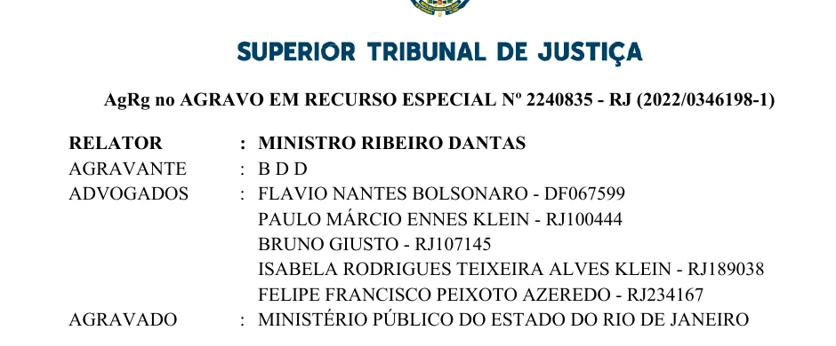 Recorte da página 2 do acórdão do STJ, com Flávio Nantes Bolsonaro na lista de advogados.