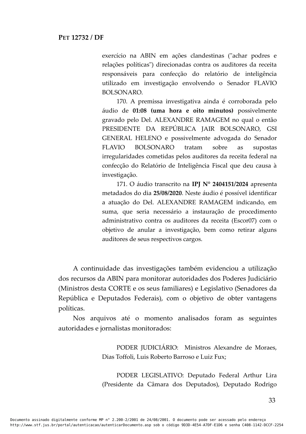 Página 33 da PET 12732/DF: descrição policial do áudio e metadados de 25 de agosto de 2020.